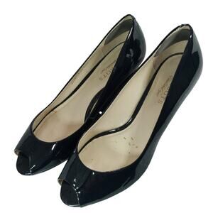 TALBOTS! GORGEOUS BLACK PATENT LEATHER PEEP TOE MINI WEDGE HEELED PUMPS! SZ 8AA